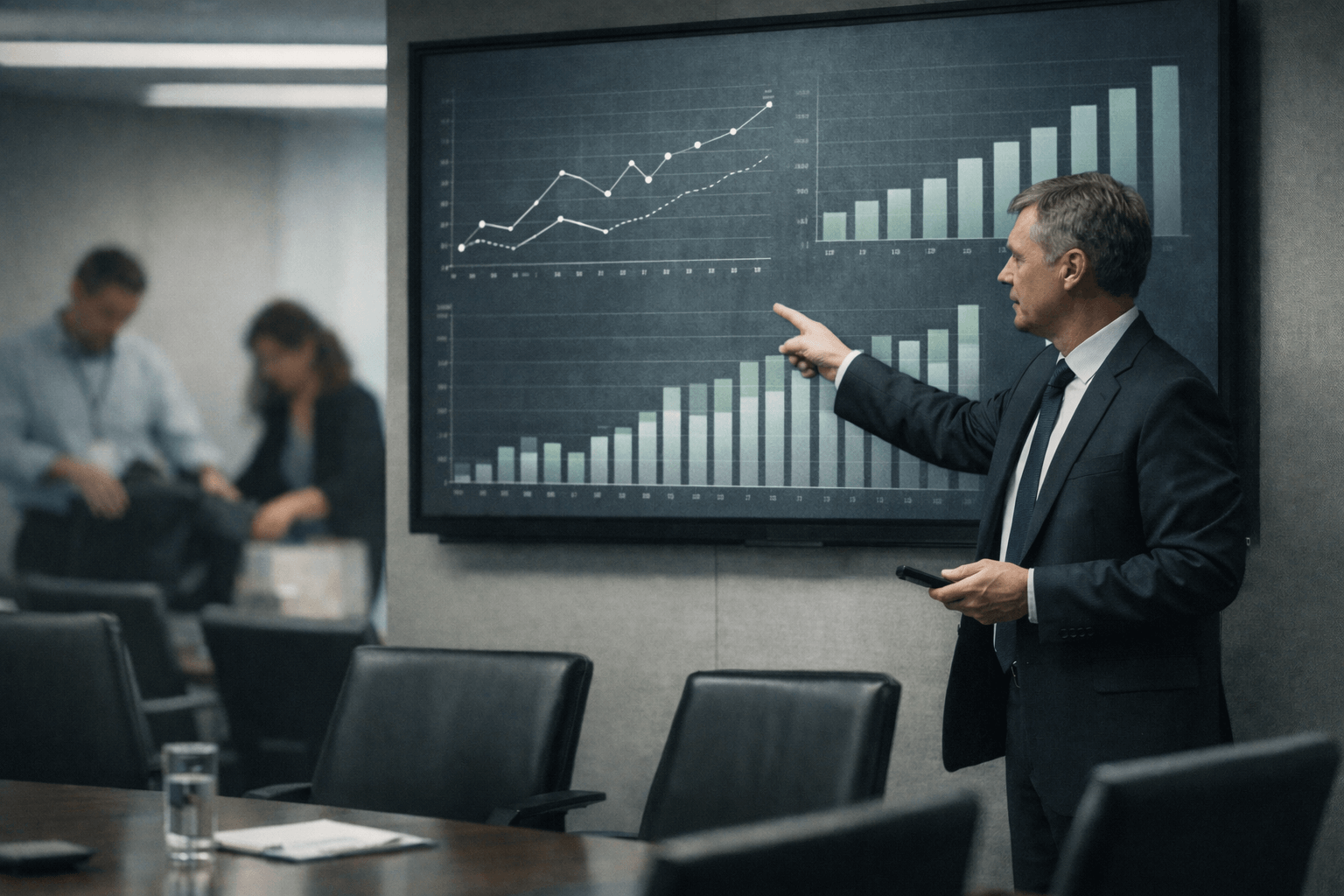 Un directivo explica una presentación en una pantalla